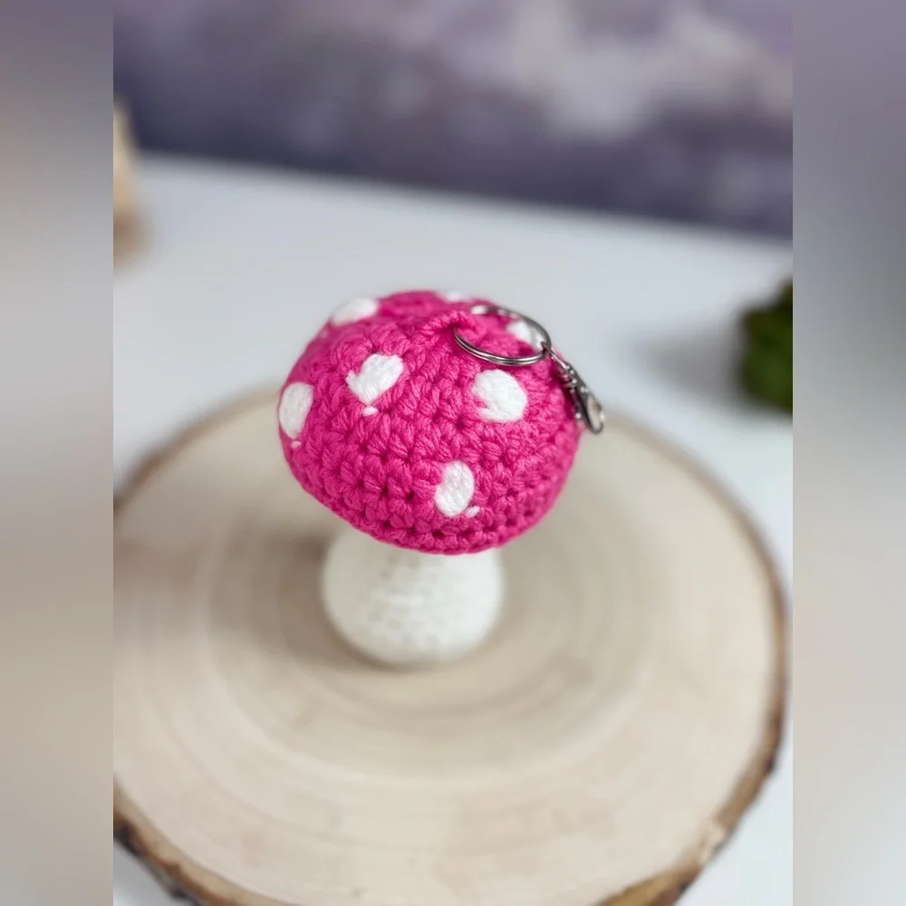 Handcrafted Mushroom Pink and White Crochet Keychain